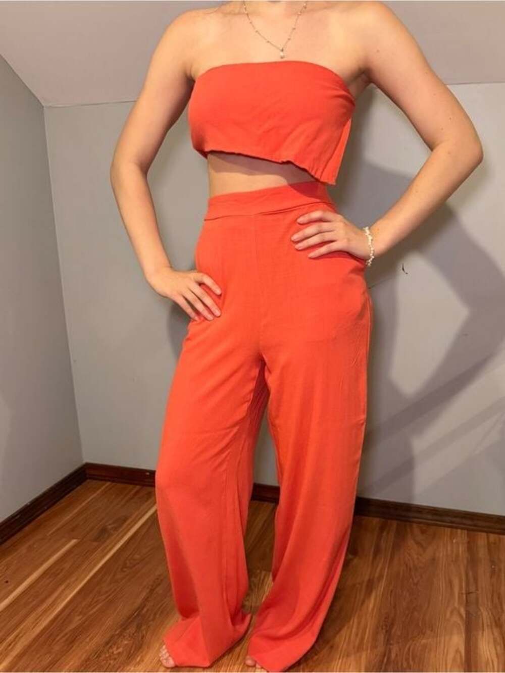 HYFVE Wide-Leg/Bandeau Top Linen Like Set in Bright Orange